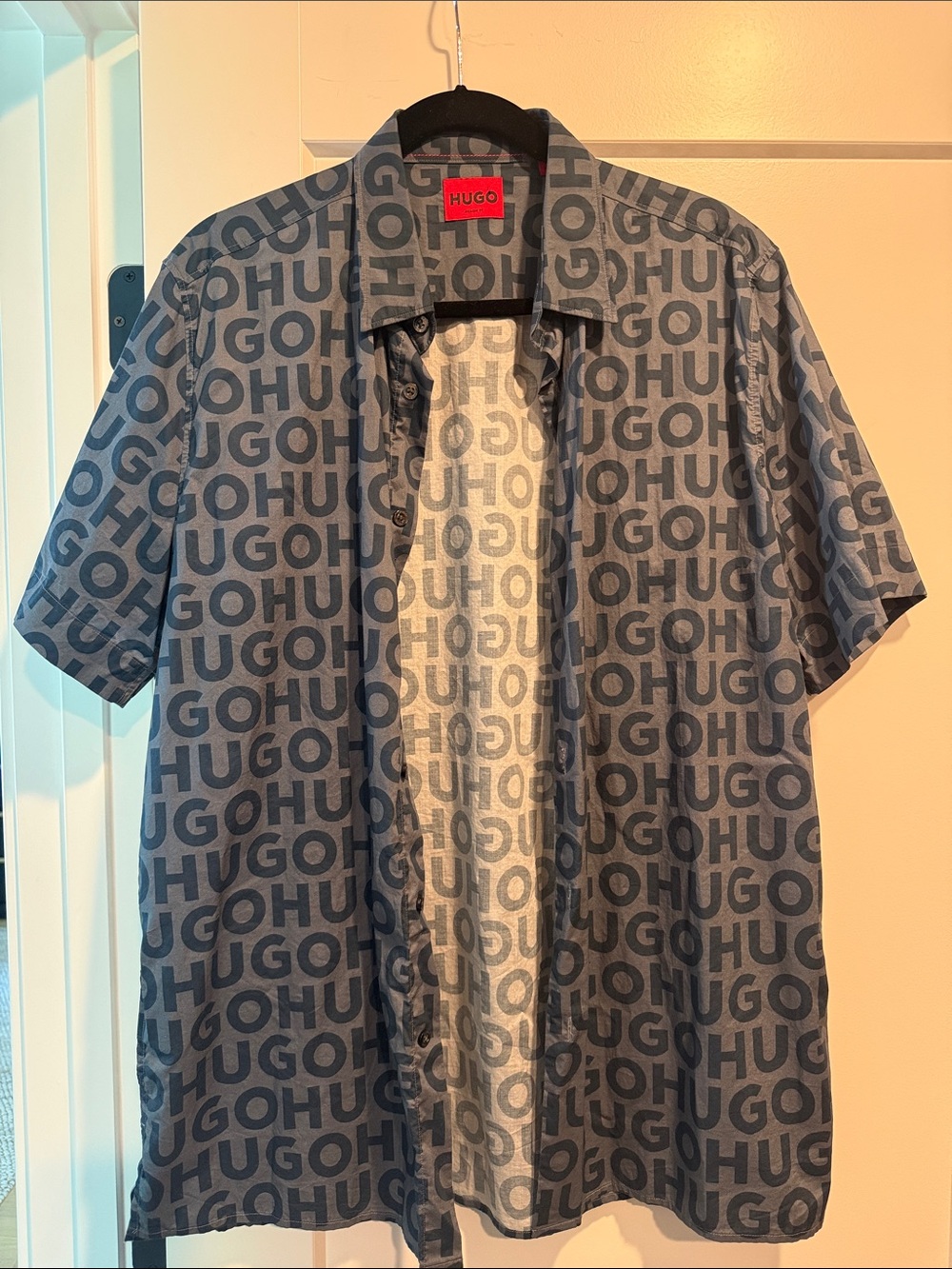 HUGO All-Over Logo Short Sleeve Shirt - Charcoal & Navy